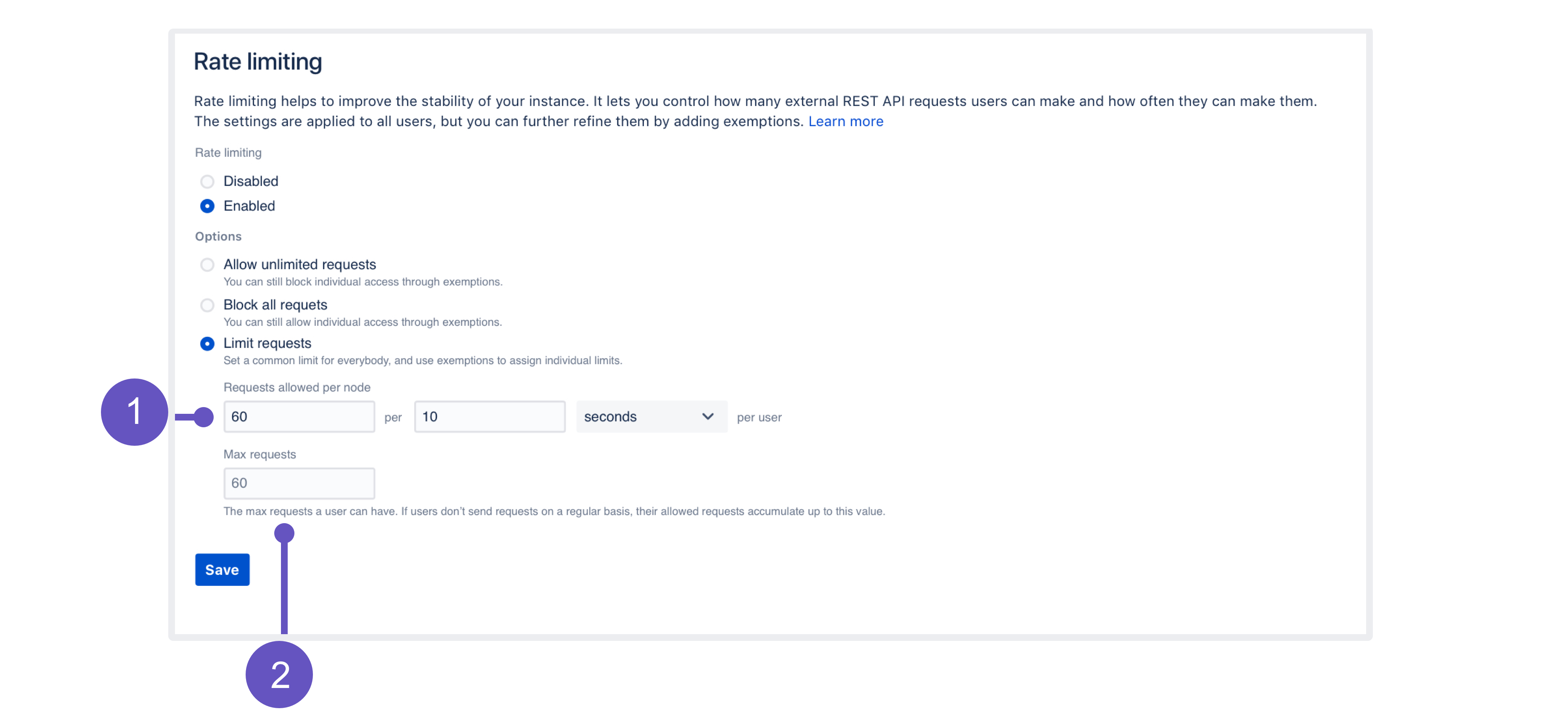 Rate limiting page in the Jira admin console, with annotations explained below the image. Rate limiting page in the Jira admin console, with annotations explained below the image.