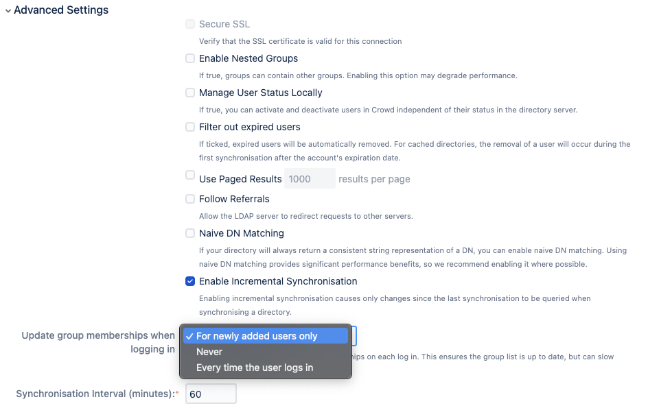 Advances Settings section on the user directory configuration page in Jira Advances Settings section on the user directory configuration page in Jira