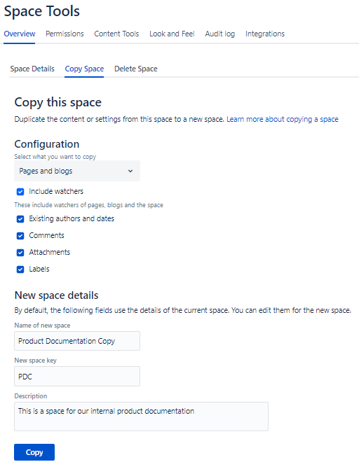 New Copy Space configuration form New Copy Space configuration form