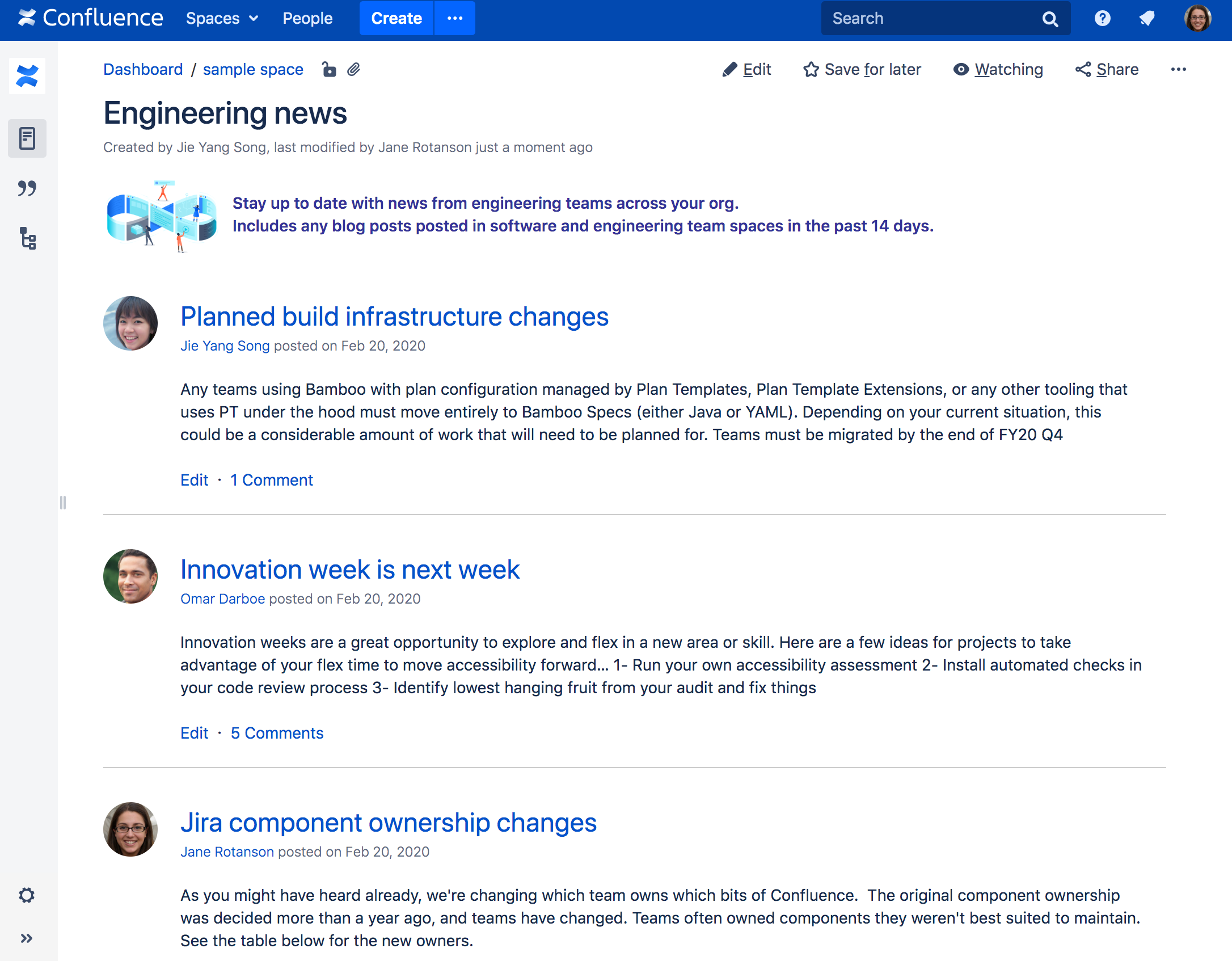 Screenshot of the Blog Posts macro on a page. Three blog posts are listed, with a short excerpt of the blog content under the clickable title.