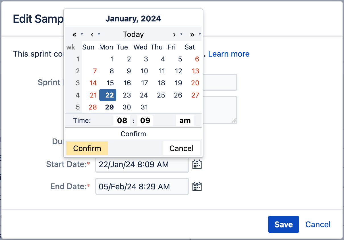 Date picker in the Edit sprint dialog with new Confirm and Cancel buttons Date picker in the Edit sprint dialog with new Confirm and Cancel buttons