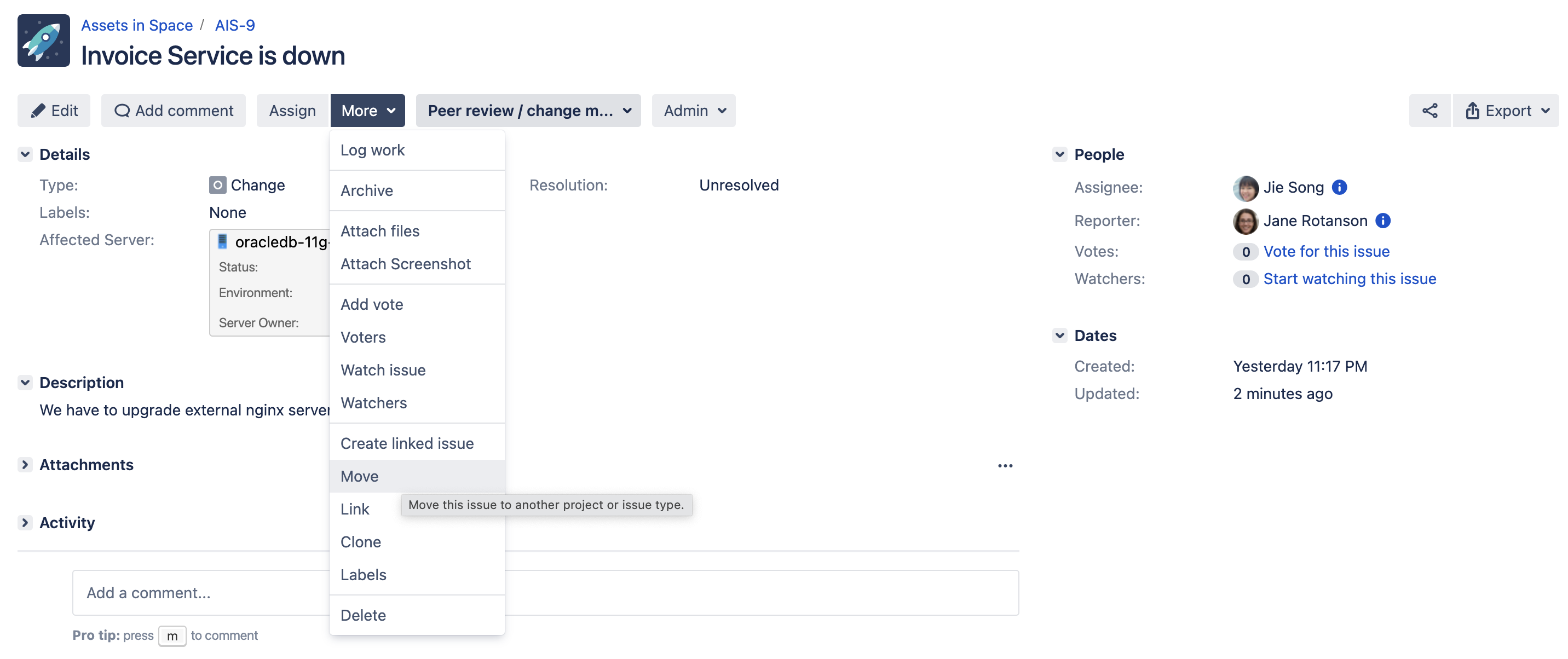 More list expanded for an issue with the move option highlighted More list expanded for an issue with the move option highlighted