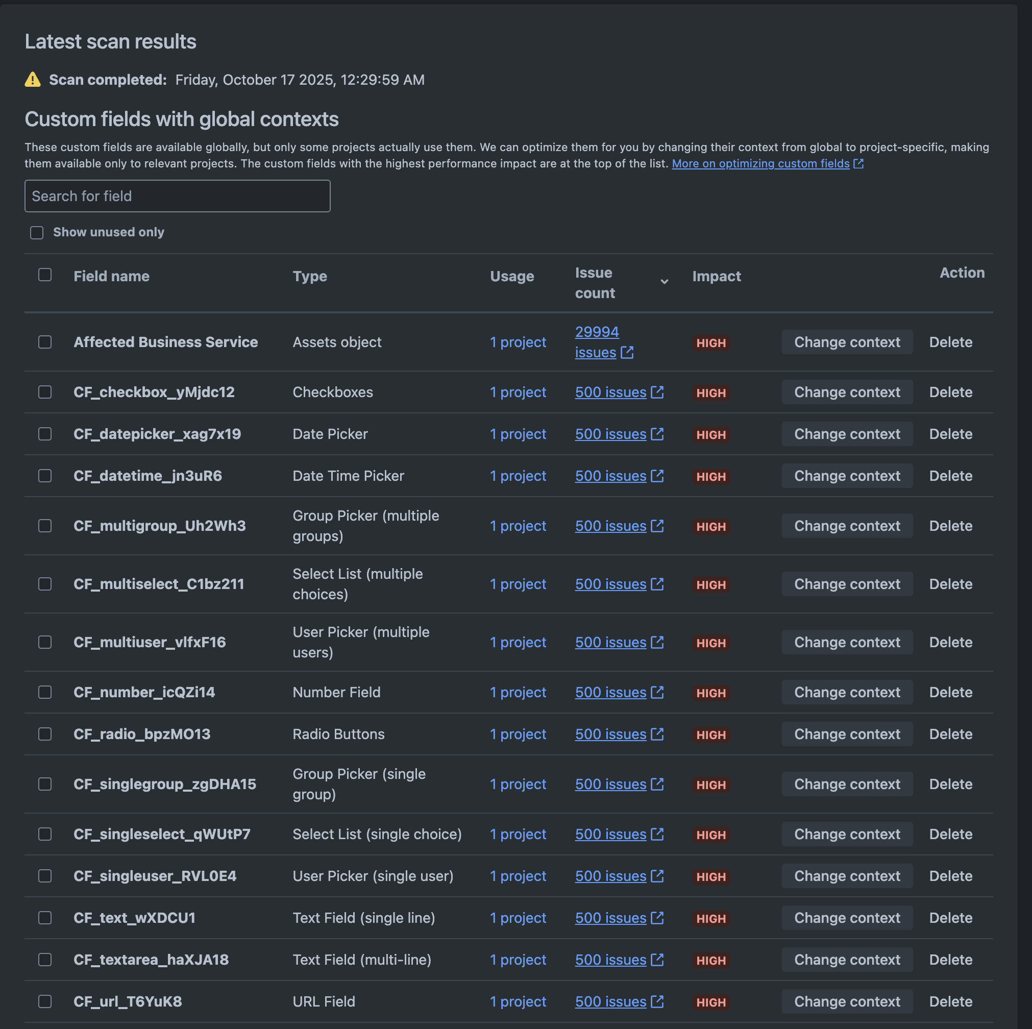 Image of custom fields optimization in Instance optimizer